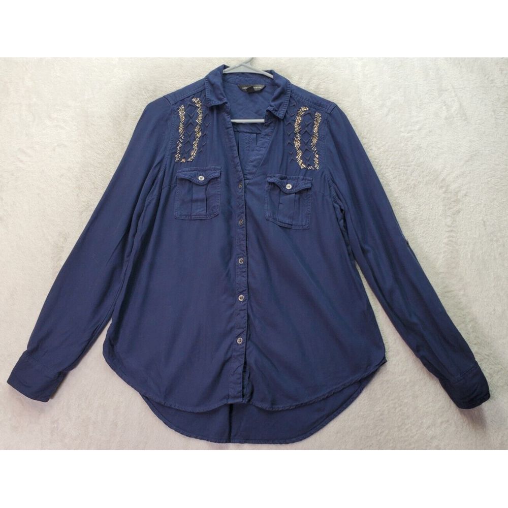 Rock & Republic Shirt Women's Medium Navy Rayon Long Sleeve Collared Button Down